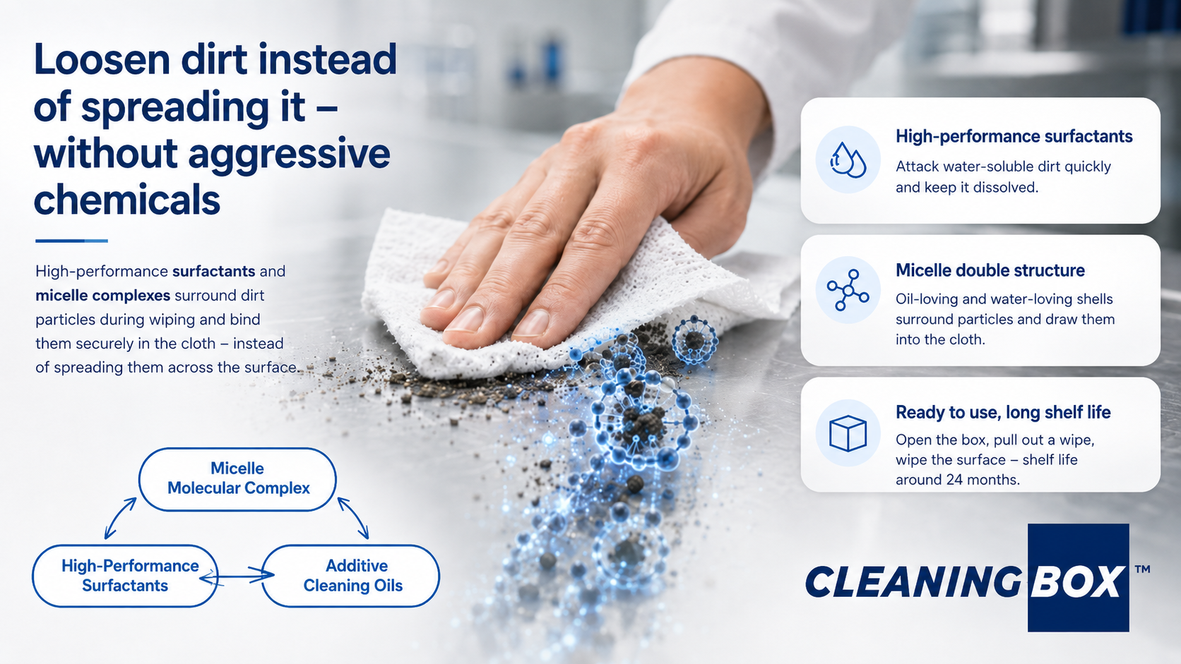 ReadyWipes working principle: surfactants and micelle complexes dissolve dirt instead of spreading it